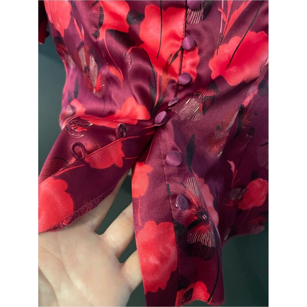 Guess Adele Floral Satin Peplum Top Blouse Women’s Small Wine Red Cocktail - Picture 8 of 10